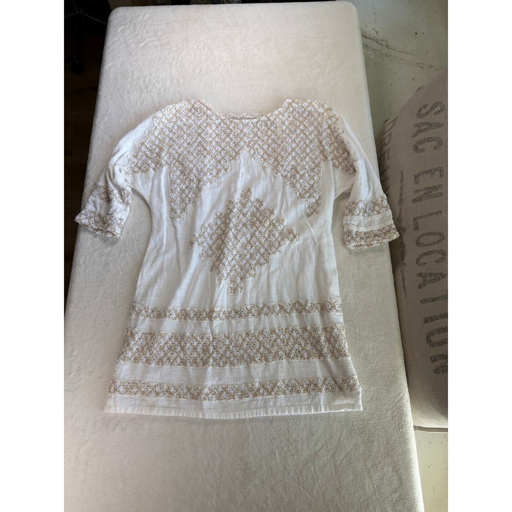 Free People White Embroidered Boho Open-Back Tunic Top XS Cotton Peasant